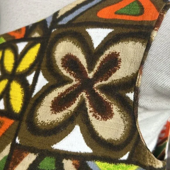 Pomare Tahiti Colorful Hawaiian Tribal Barkcloth Sleeveless Maxi Dress